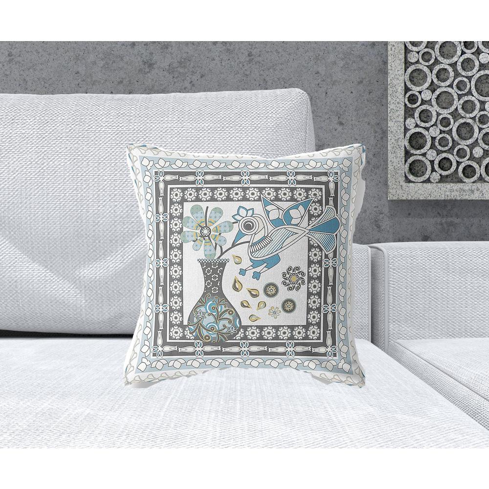 18" x 18" Blue and White Bird Blown Seam Floral Indoor Outdoor Throw Pillow. Picture 2