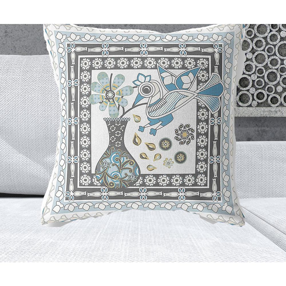 26" x 26" Blue and White Bird Blown Seam Floral Indoor Outdoor Throw Pillow. Picture 2