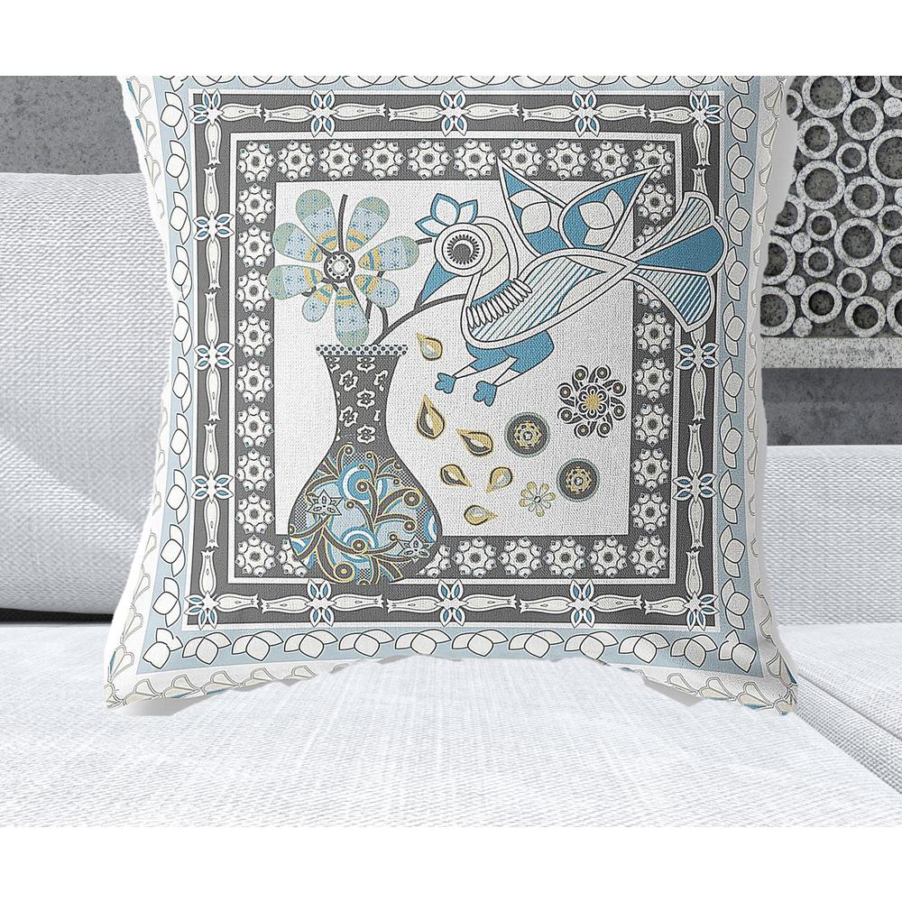 28" x 28" Blue and White Bird Blown Seam Floral Indoor Outdoor Throw Pillow. Picture 2