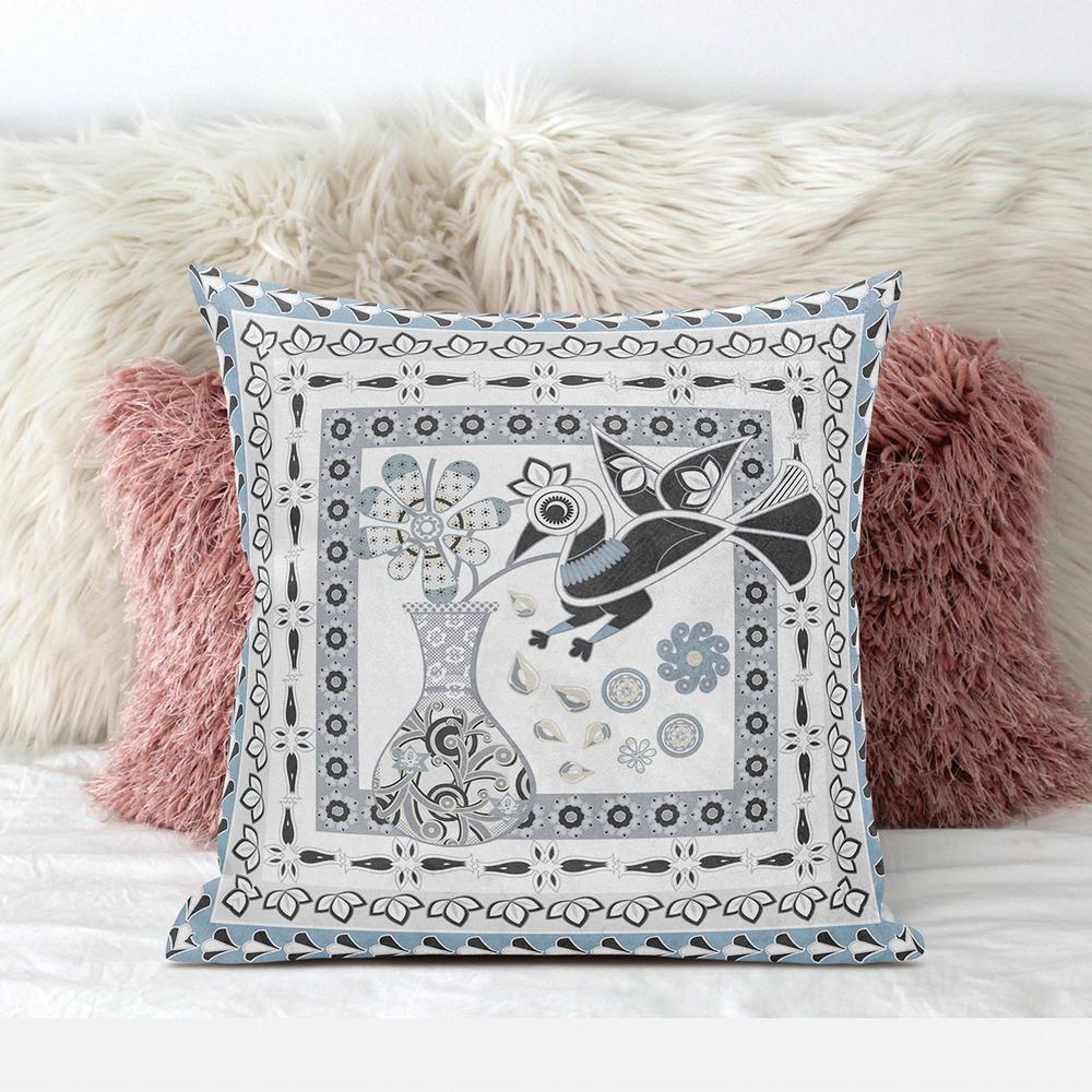 20" x 20" Blue and White Bird Blown Seam Floral Indoor Outdoor Throw Pillow. Picture 3