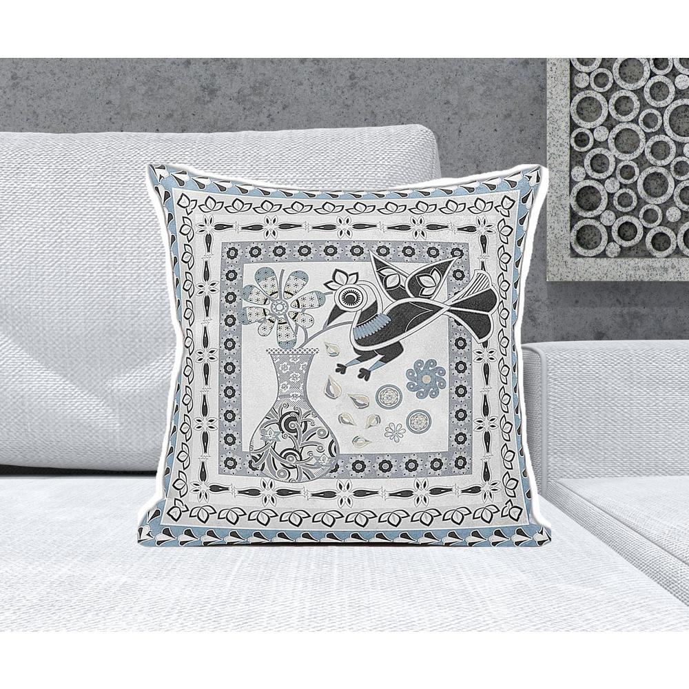 20" x 20" Blue and White Bird Blown Seam Floral Indoor Outdoor Throw Pillow. Picture 2