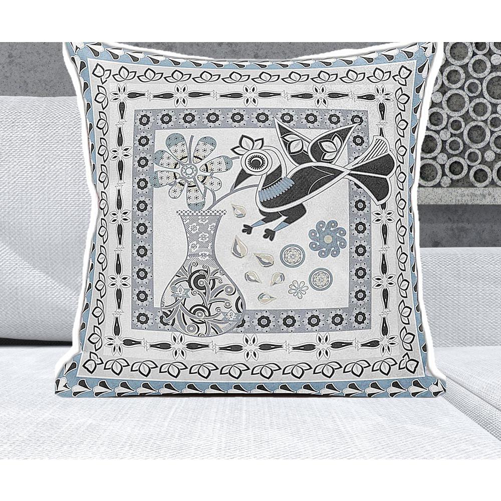 26" x 26" Blue and White Bird Blown Seam Floral Indoor Outdoor Throw Pillow. Picture 2