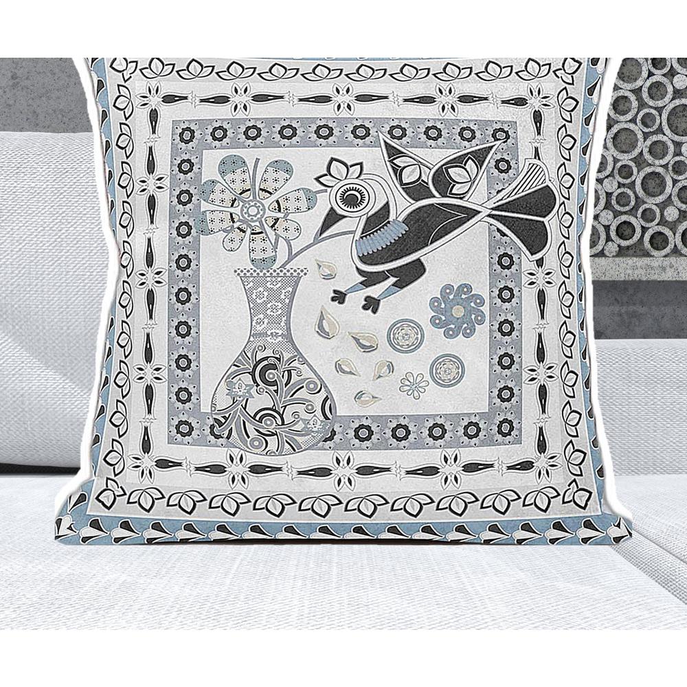 28" x 28" Blue and White Bird Blown Seam Floral Indoor Outdoor Throw Pillow. Picture 2