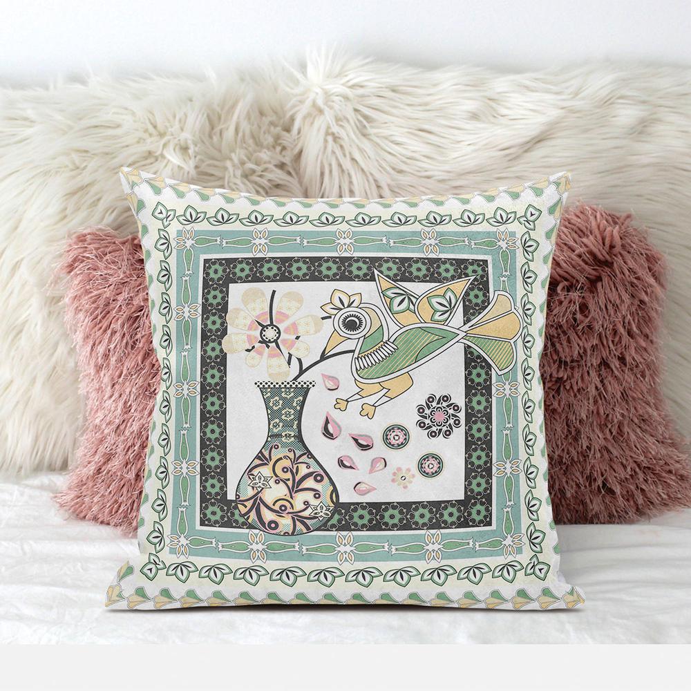 18" x 18" Green and White Bird Blown Seam Floral Indoor Outdoor Throw Pillow. Picture 3
