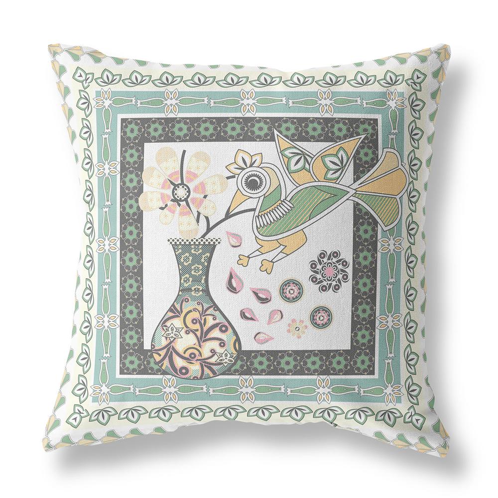 18" x 18" Green and White Bird Blown Seam Floral Indoor Outdoor Throw Pillow. Picture 1