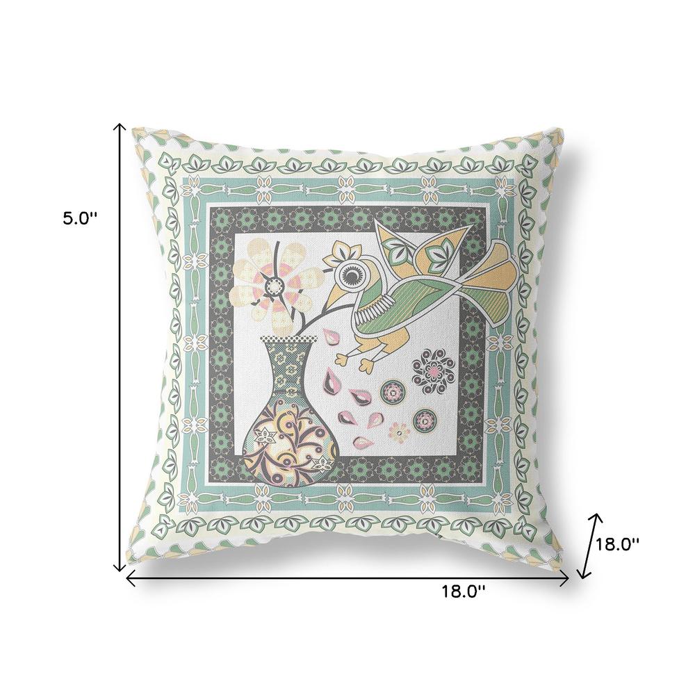 18" x 18" Green and White Bird Blown Seam Floral Indoor Outdoor Throw Pillow. Picture 7