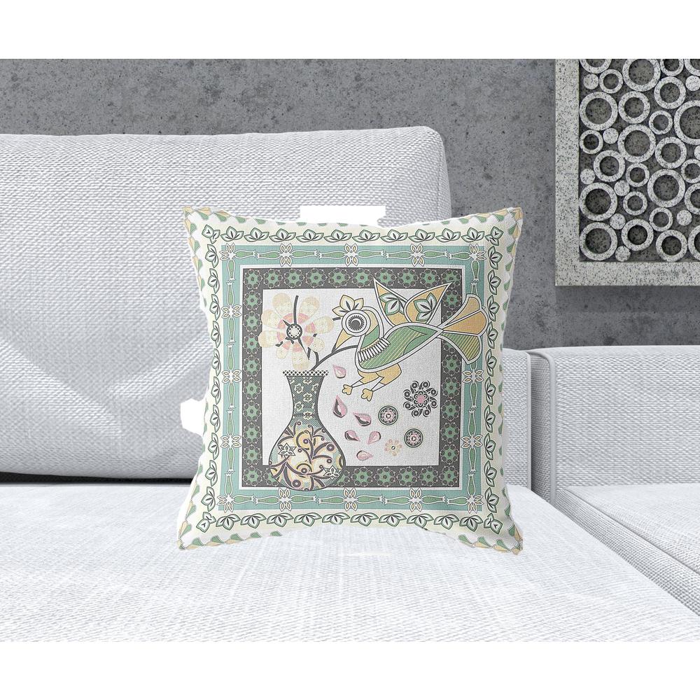 18" x 18" Green and White Bird Blown Seam Floral Indoor Outdoor Throw Pillow. Picture 2