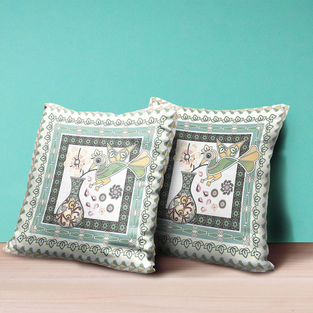 20" x 20" Green and White Bird Blown Seam Floral Indoor Outdoor Throw Pillow. Picture 4