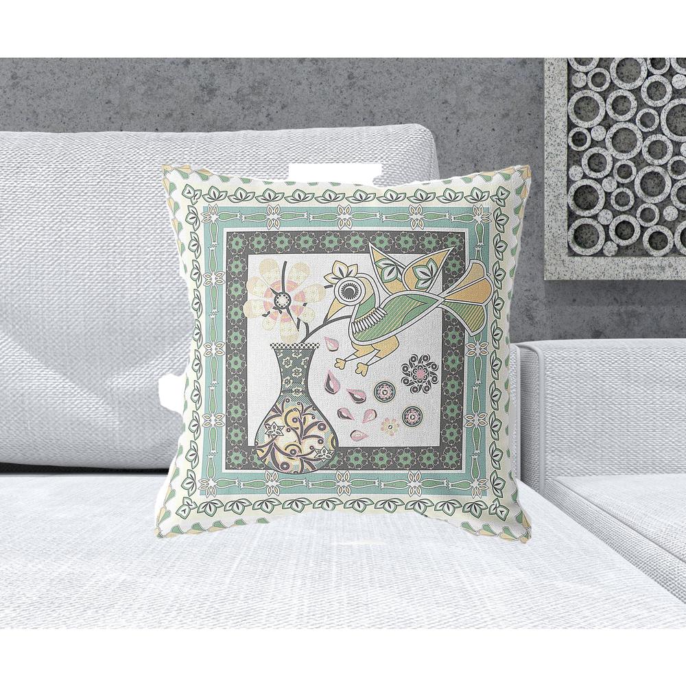 20" x 20" Green and White Bird Blown Seam Floral Indoor Outdoor Throw Pillow. Picture 2