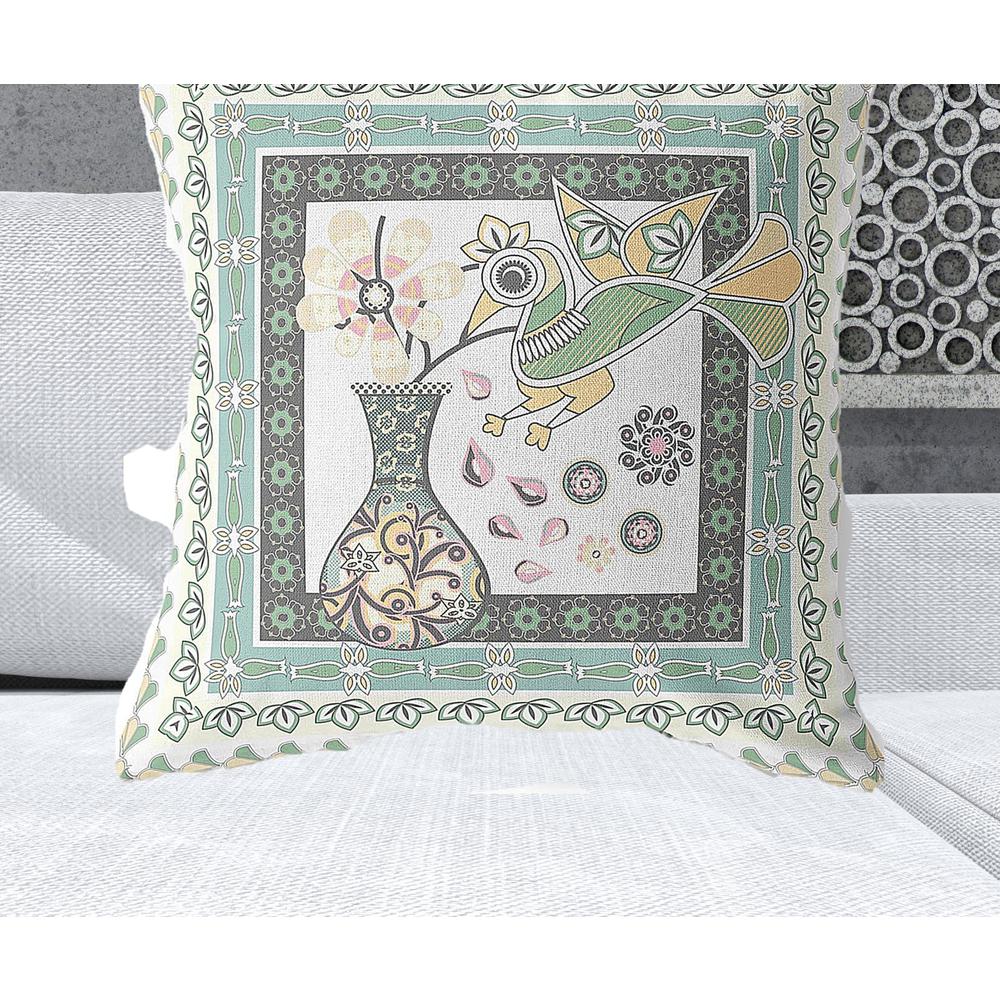 28" x 28" Green and White Bird Blown Seam Floral Indoor Outdoor Throw Pillow. Picture 2