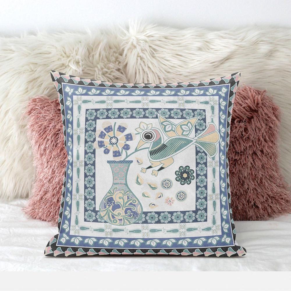 16" x 16" Blue and White Bird Blown Seam Abstract Indoor Outdoor Throw Pillow. Picture 3