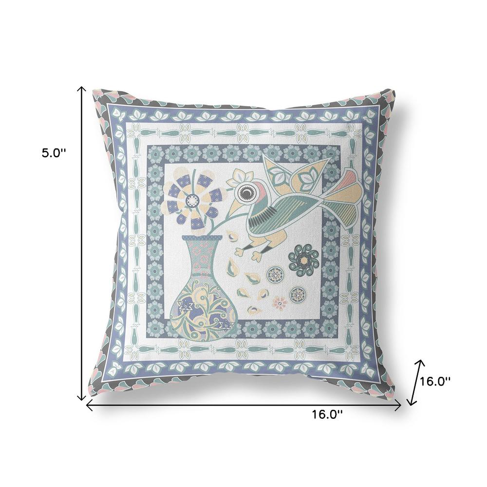 16" x 16" Blue and White Bird Blown Seam Abstract Indoor Outdoor Throw Pillow. Picture 7