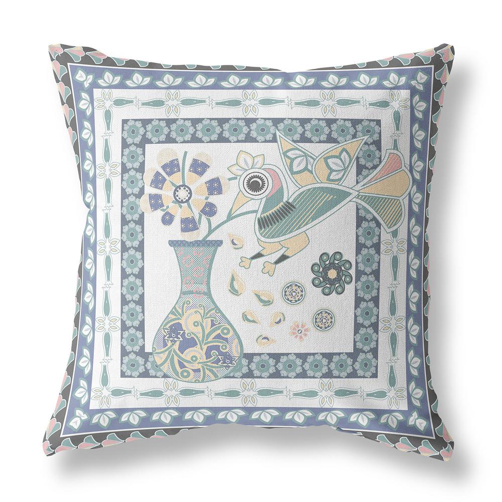 18" x 18" Blue and White Bird Blown Seam Floral Indoor Outdoor Throw Pillow. Picture 1
