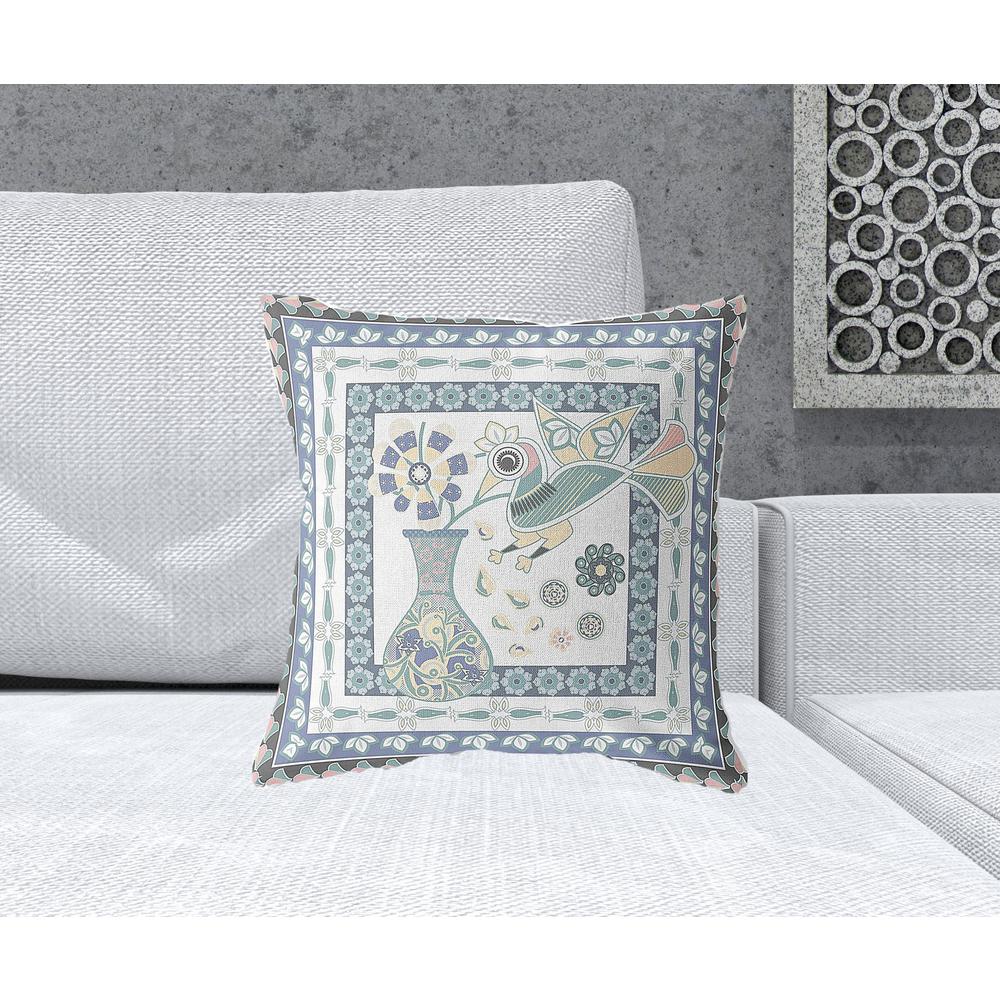 18" x 18" Blue and White Bird Blown Seam Floral Indoor Outdoor Throw Pillow. Picture 2