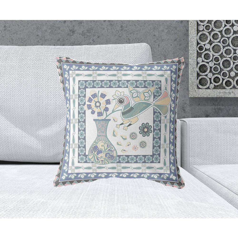 20" x 20" Blue and White Bird Blown Seam Floral Indoor Outdoor Throw Pillow. Picture 2