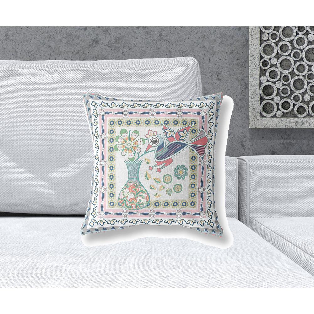 18" X 18" White And Grey Bird Blown Seam Floral Indoor Outdoor Throw Pillow. Picture 2