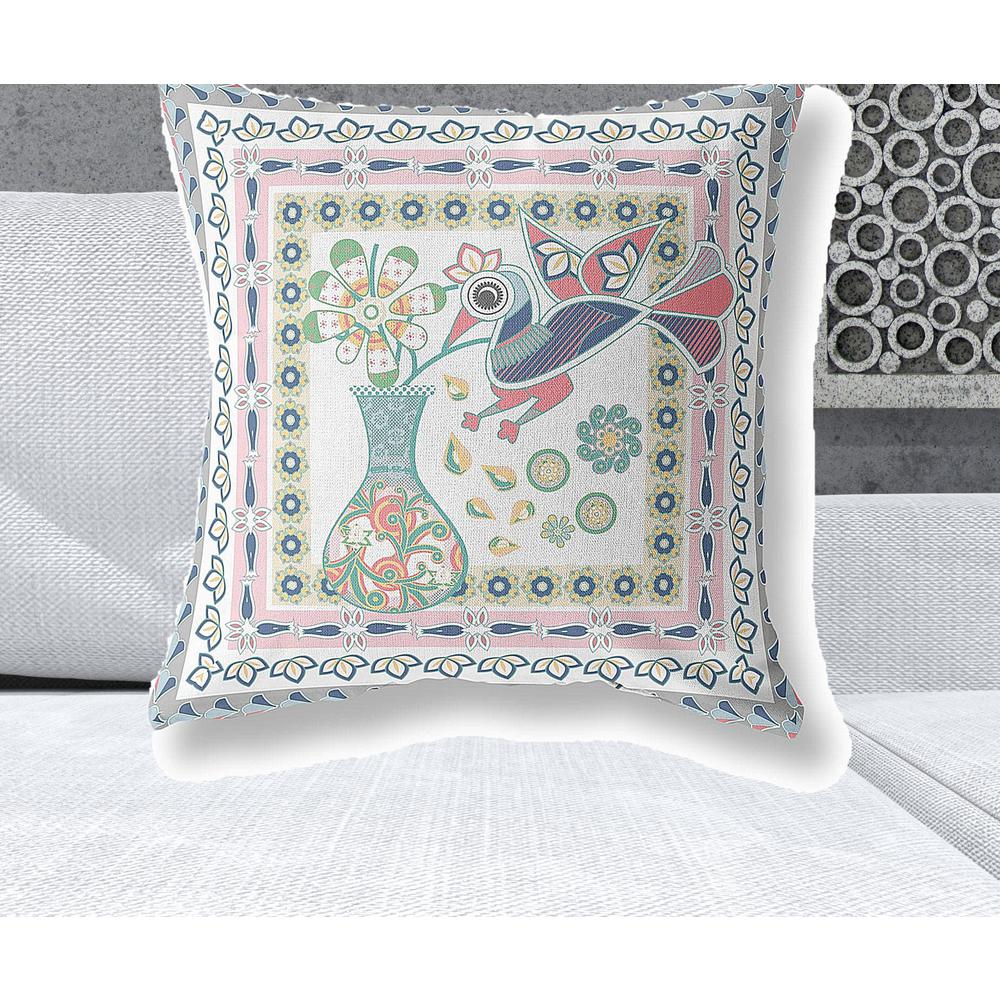 26" X 26" White And Grey Bird Blown Seam Floral Indoor Outdoor Throw Pillow. Picture 2