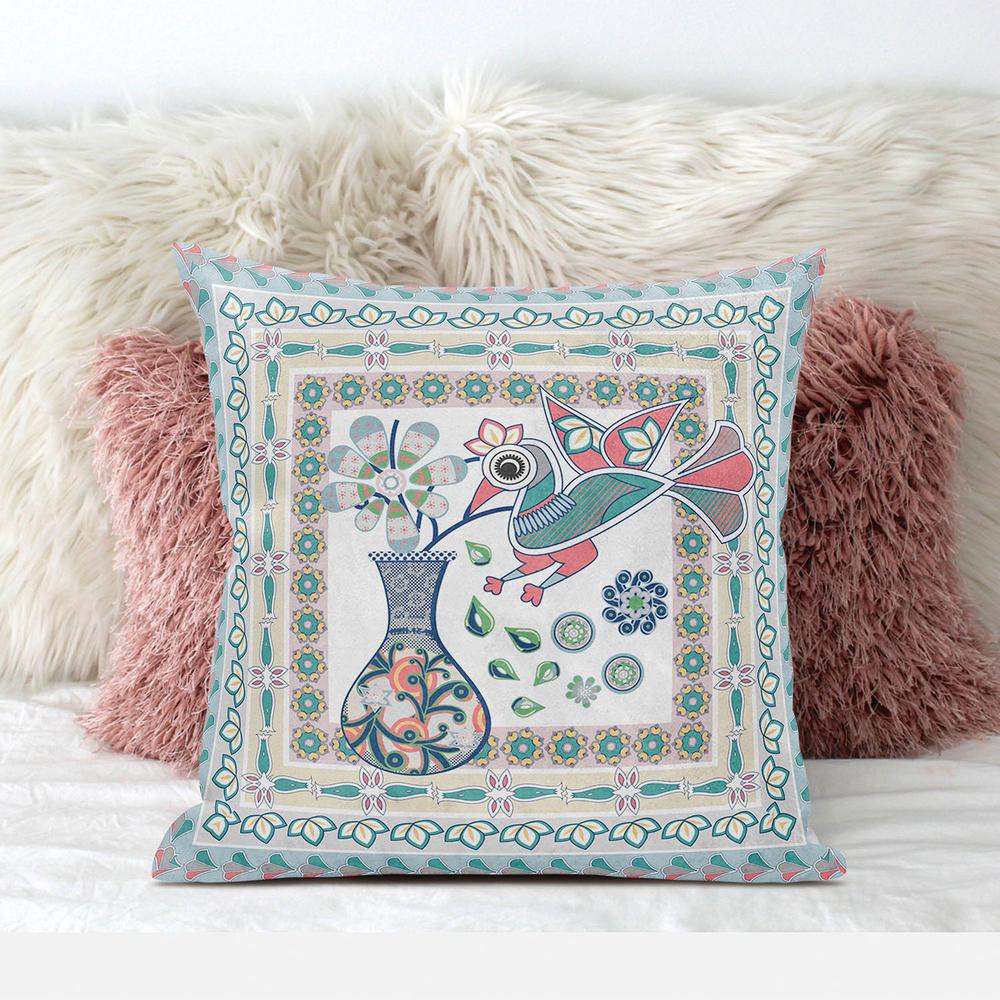 20" X 20" White And Blue Bird Blown Seam Floral Indoor Outdoor Throw Pillow. Picture 3