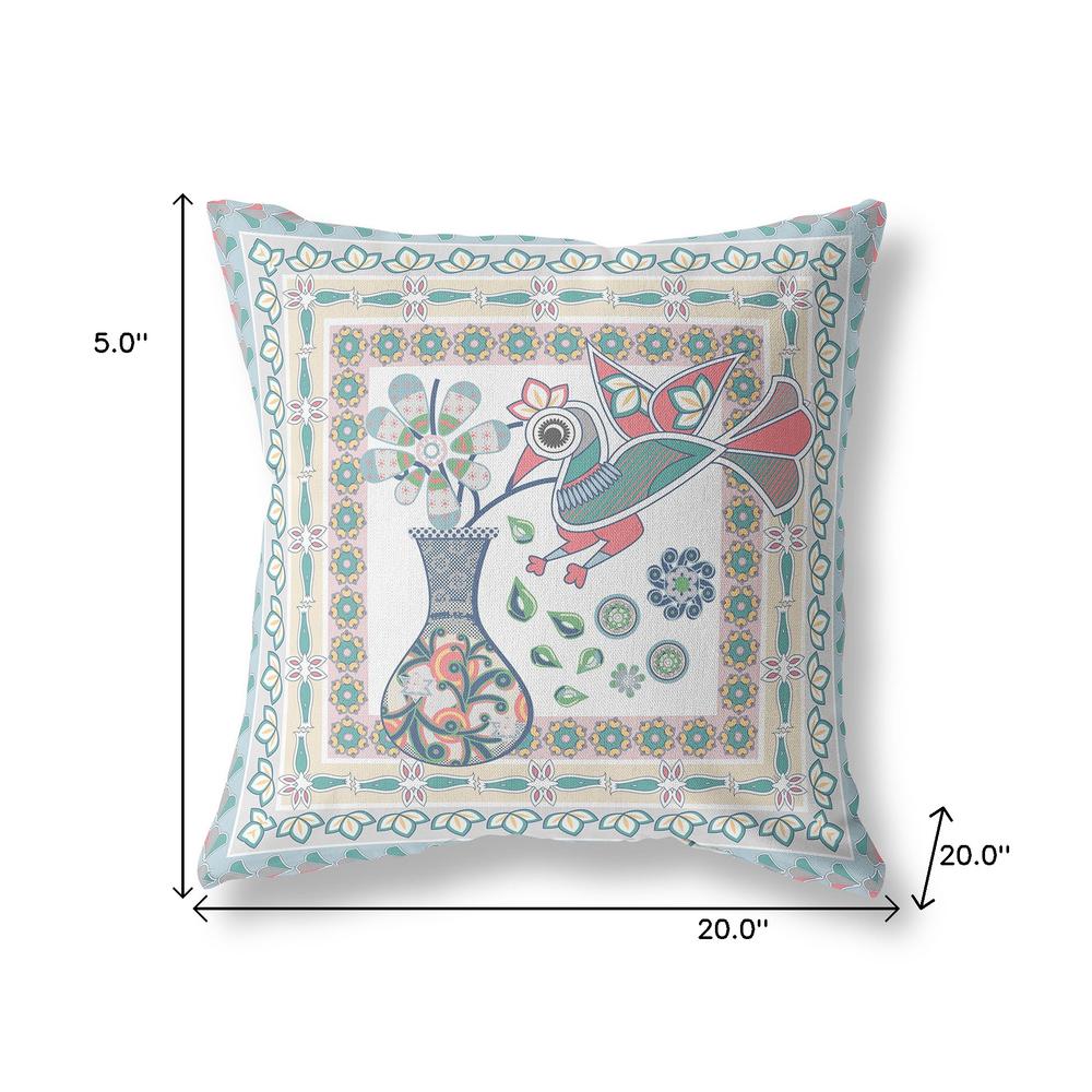20" X 20" White And Blue Bird Blown Seam Floral Indoor Outdoor Throw Pillow. Picture 7