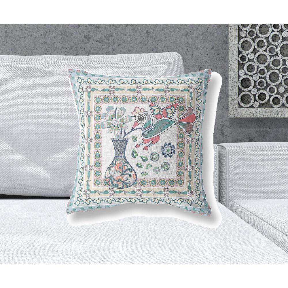 20" X 20" White And Blue Bird Blown Seam Floral Indoor Outdoor Throw Pillow. Picture 2