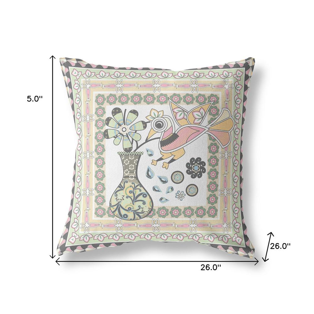 26" X 26" White And Green Bird Blown Seam Floral Indoor Outdoor Throw Pillow. Picture 7