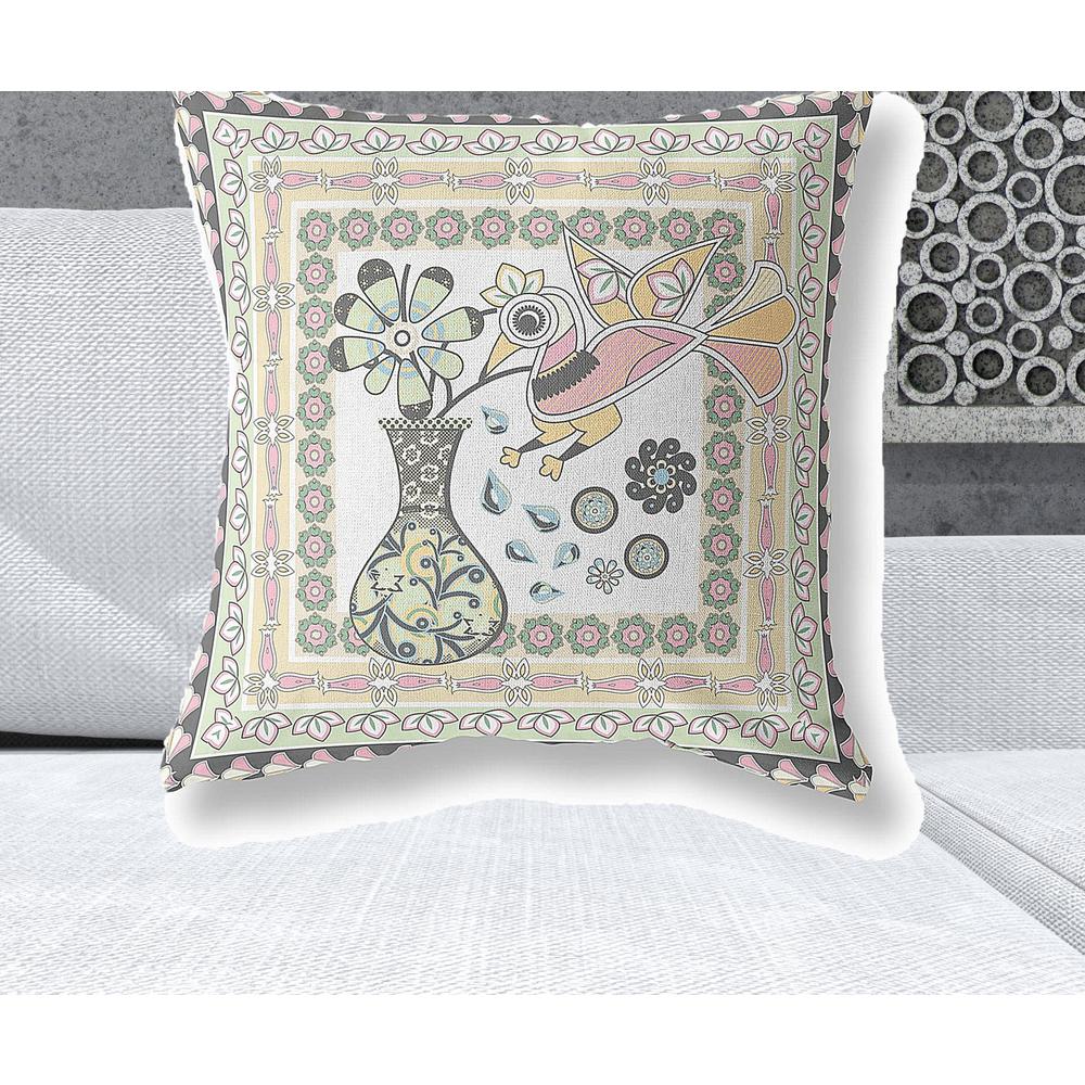 26" X 26" White And Green Bird Blown Seam Floral Indoor Outdoor Throw Pillow. Picture 2