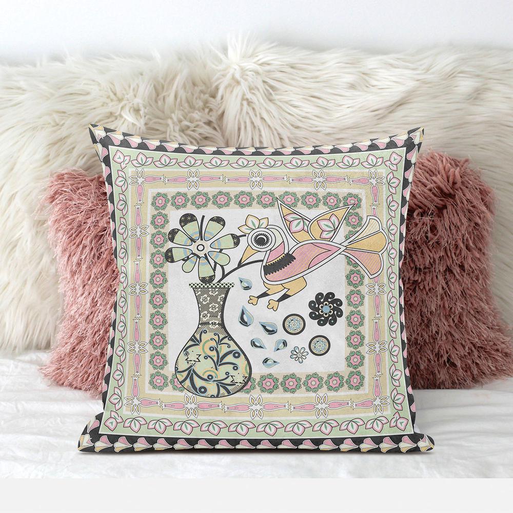 28" X 28" White And Green Bird Blown Seam Floral Indoor Outdoor Throw Pillow. Picture 3