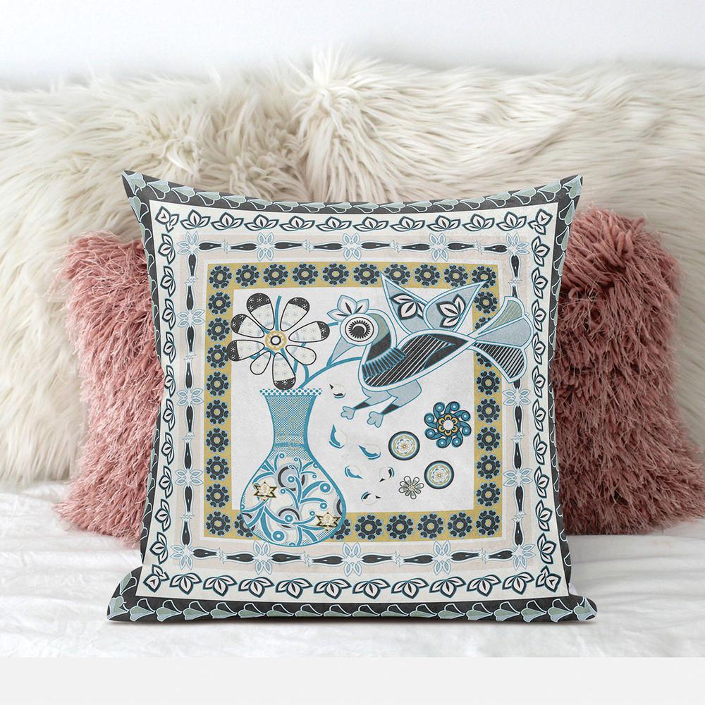 16" X 16" White And Blue Bird Blown Seam Abstract Indoor Outdoor Throw Pillow. Picture 3