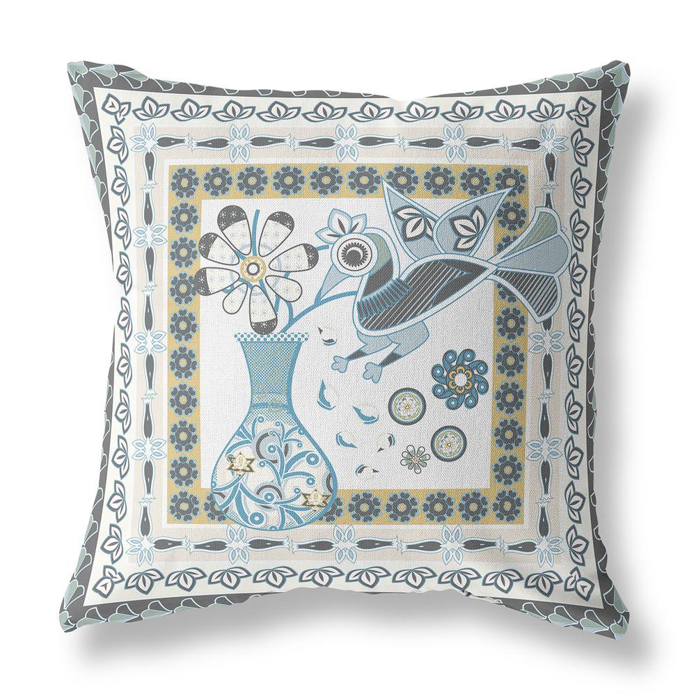 16" X 16" White And Blue Bird Blown Seam Abstract Indoor Outdoor Throw Pillow. Picture 1