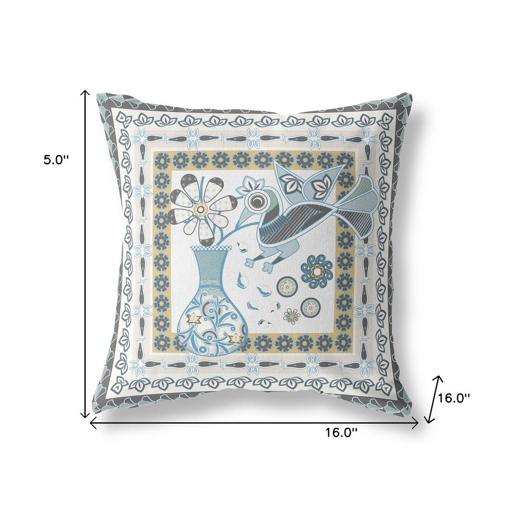 16" X 16" White And Blue Bird Blown Seam Abstract Indoor Outdoor Throw Pillow. Picture 7