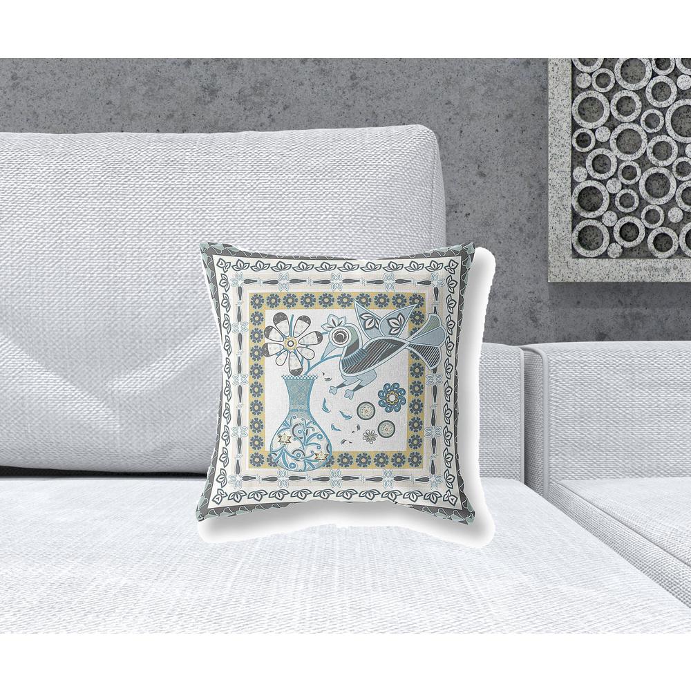 16" X 16" White And Blue Bird Blown Seam Abstract Indoor Outdoor Throw Pillow. Picture 2