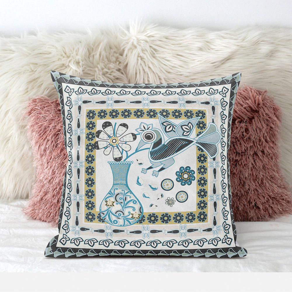 18" X 18" Blue and White Peacock Blown Seam Floral Indoor Outdoor Throw Pillow. Picture 5