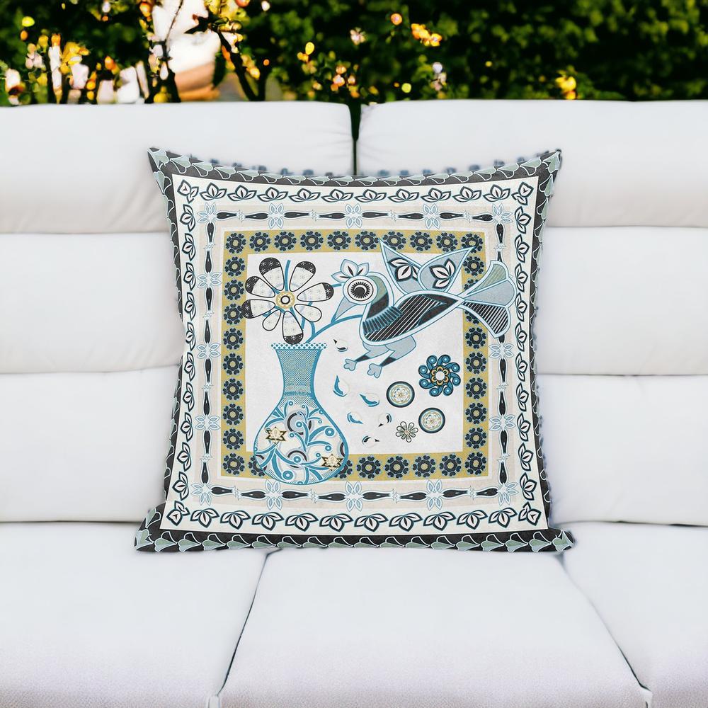 18" X 18" Blue and White Peacock Blown Seam Floral Indoor Outdoor Throw Pillow. Picture 3