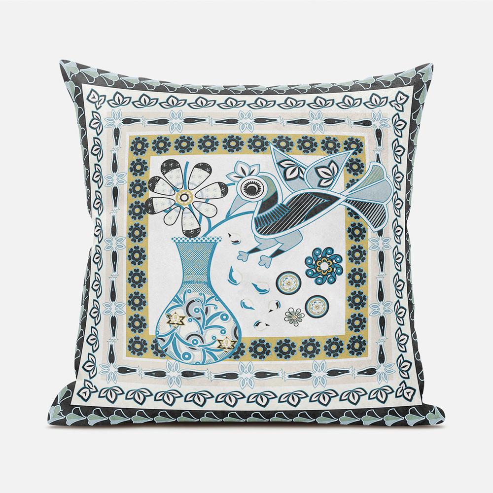 18" X 18" Blue and White Peacock Blown Seam Floral Indoor Outdoor Throw Pillow. Picture 1