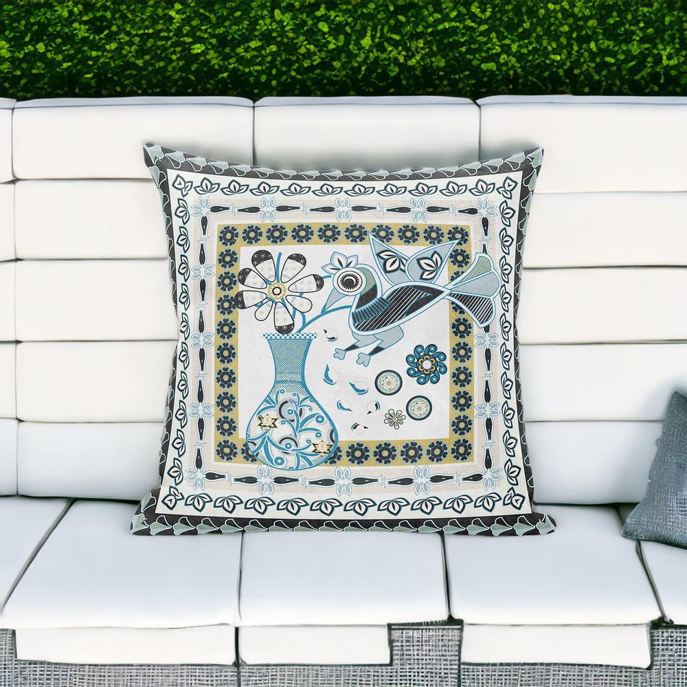 18" X 18" Blue and White Peacock Blown Seam Floral Indoor Outdoor Throw Pillow. Picture 4