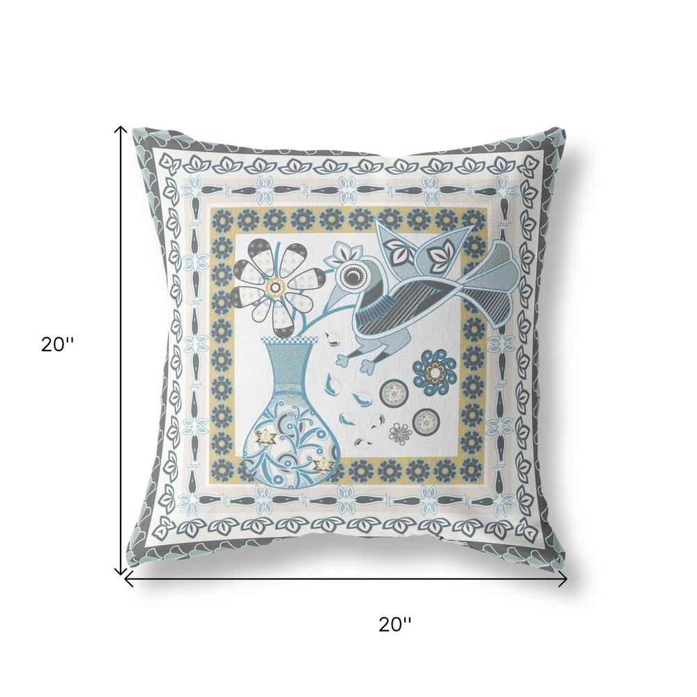 20" X 20" Blue and White Peacock Blown Seam Floral Indoor Outdoor Throw Pillow. Picture 7