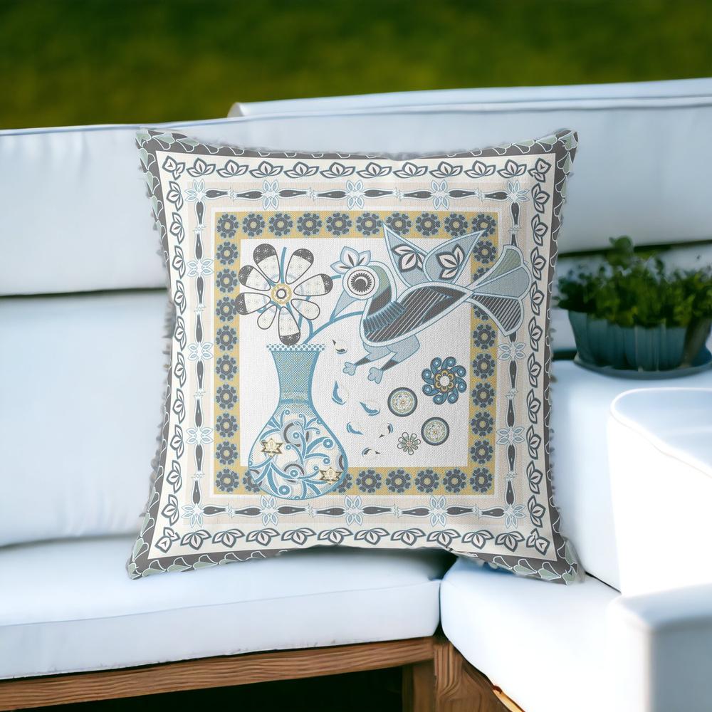 20" X 20" Blue and White Peacock Blown Seam Floral Indoor Outdoor Throw Pillow. Picture 3