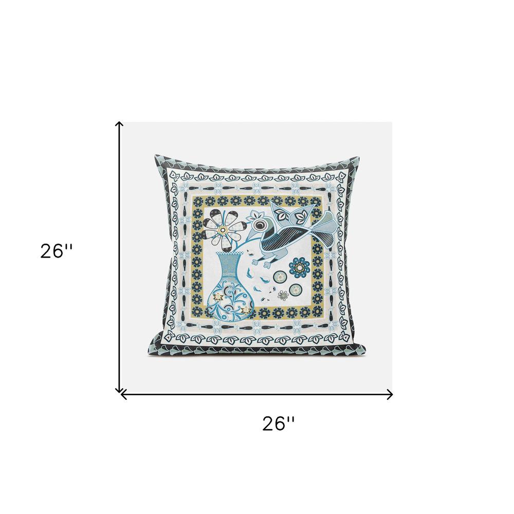 26" X 26" Blue and White Peacock Blown Seam Floral Indoor Outdoor Throw Pillow. Picture 7