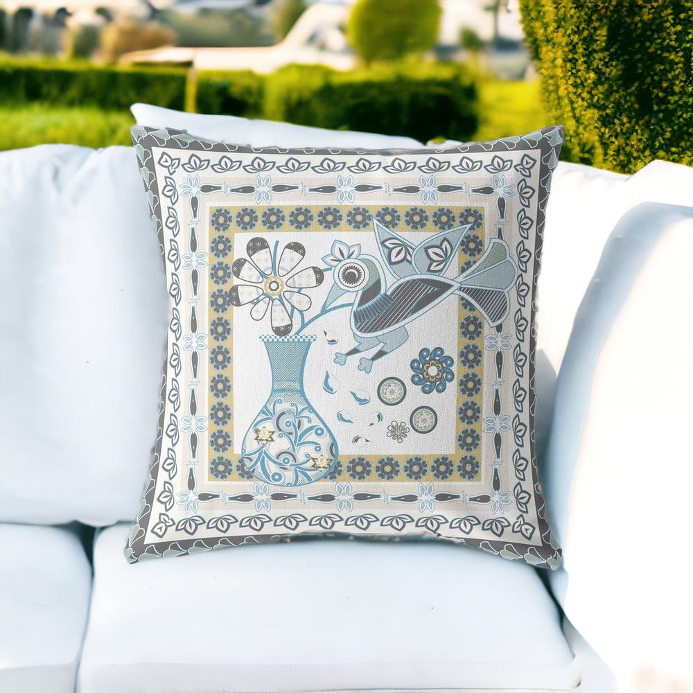 26" X 26" Blue and White Peacock Blown Seam Floral Indoor Outdoor Throw Pillow. Picture 3