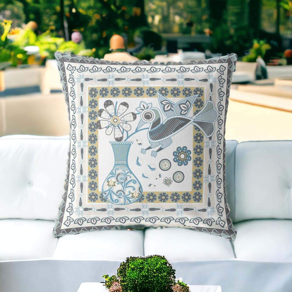 28" X 28" Blue and White Peacock Blown Seam Floral Indoor Outdoor Throw Pillow. Picture 3