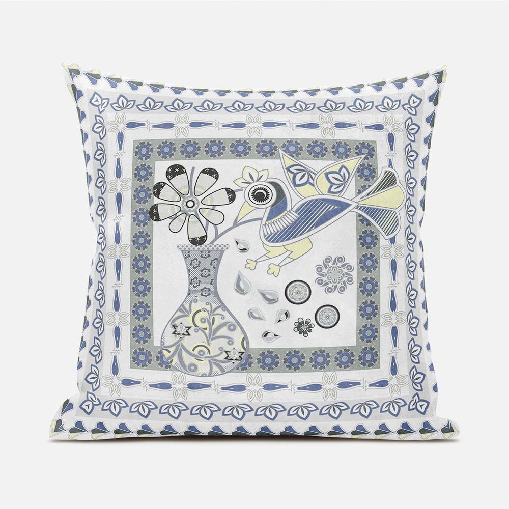 20" X 20" Gray and White Peacock Blown Seam Floral Indoor Outdoor Throw Pillow. Picture 2