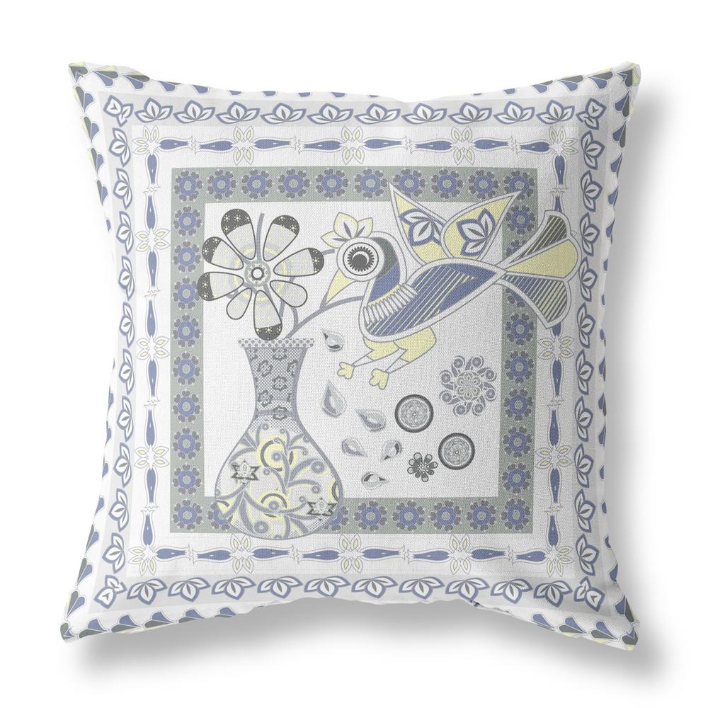 20" X 20" Gray and White Peacock Blown Seam Floral Indoor Outdoor Throw Pillow. Picture 1