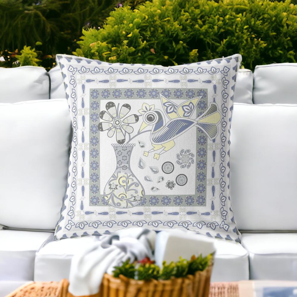 28" X 28" Gray and White Peacock Blown Seam Floral Indoor Outdoor Throw Pillow. Picture 3