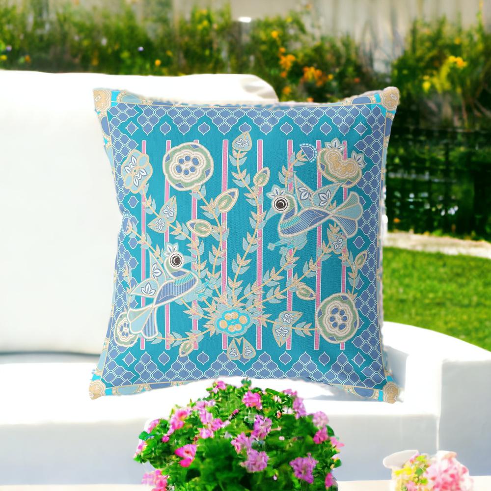 26" X 26" Blue and Green Peacock Blown Seam Floral Indoor Outdoor Throw Pillow. Picture 3