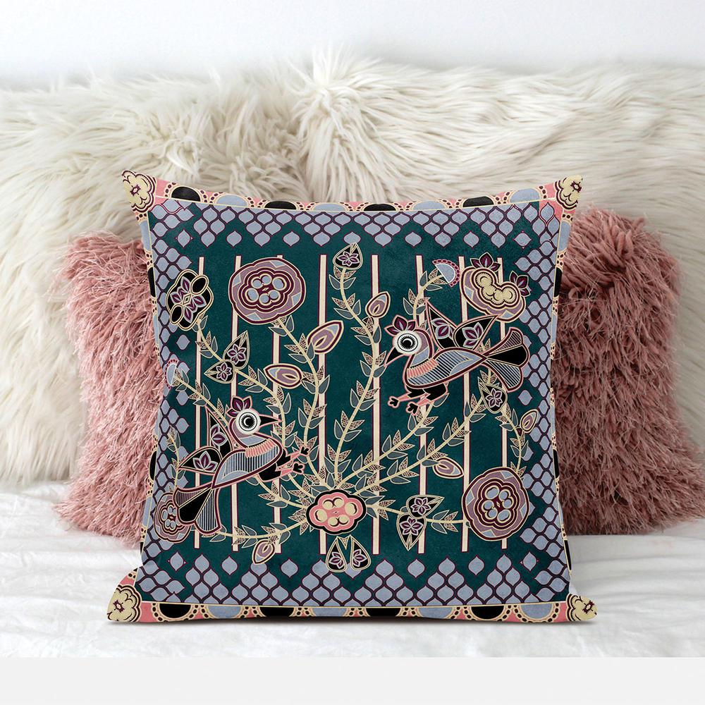 18" x 18" Blue and Pink Peacock Blown Seam Floral Indoor Outdoor Throw Pillow. Picture 4