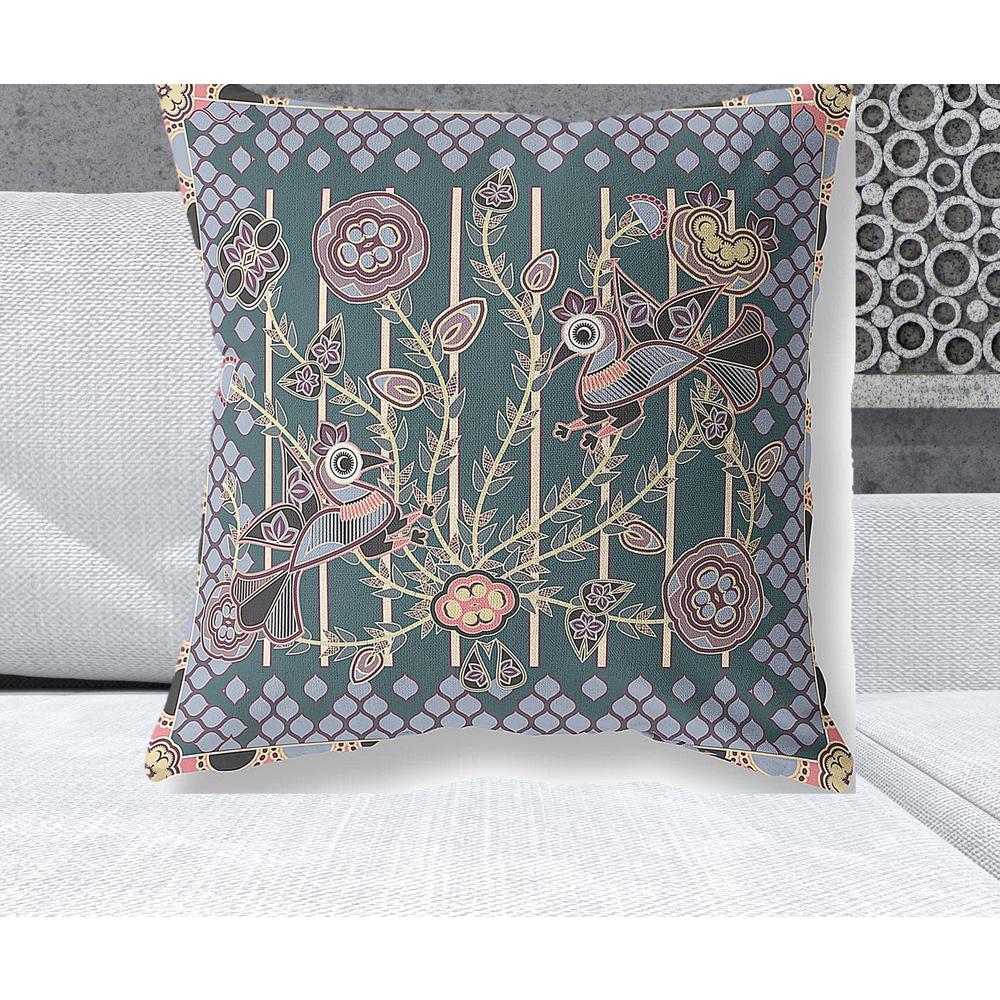 26" x 26" Blue and Pink Peacock Blown Seam Floral Indoor Outdoor Throw Pillow. Picture 2