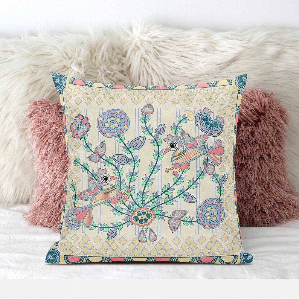 16" x 16" Pink Peacock Blown Seam Floral Indoor Outdoor Throw Pillow. Picture 4