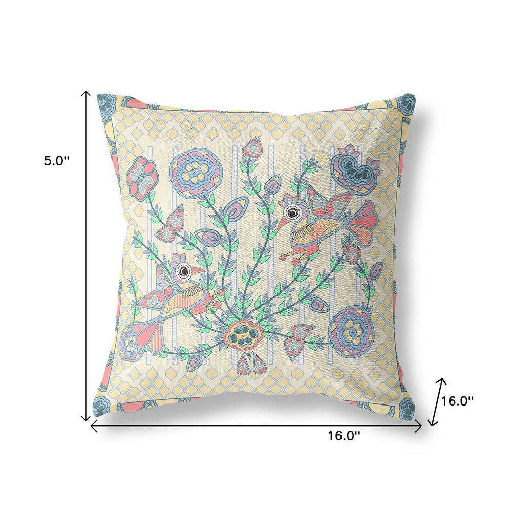 16" x 16" Pink Peacock Blown Seam Floral Indoor Outdoor Throw Pillow. Picture 8