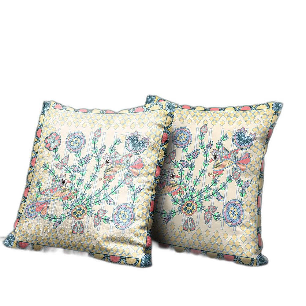 16" x 16" Pink Peacock Blown Seam Floral Indoor Outdoor Throw Pillow. Picture 3