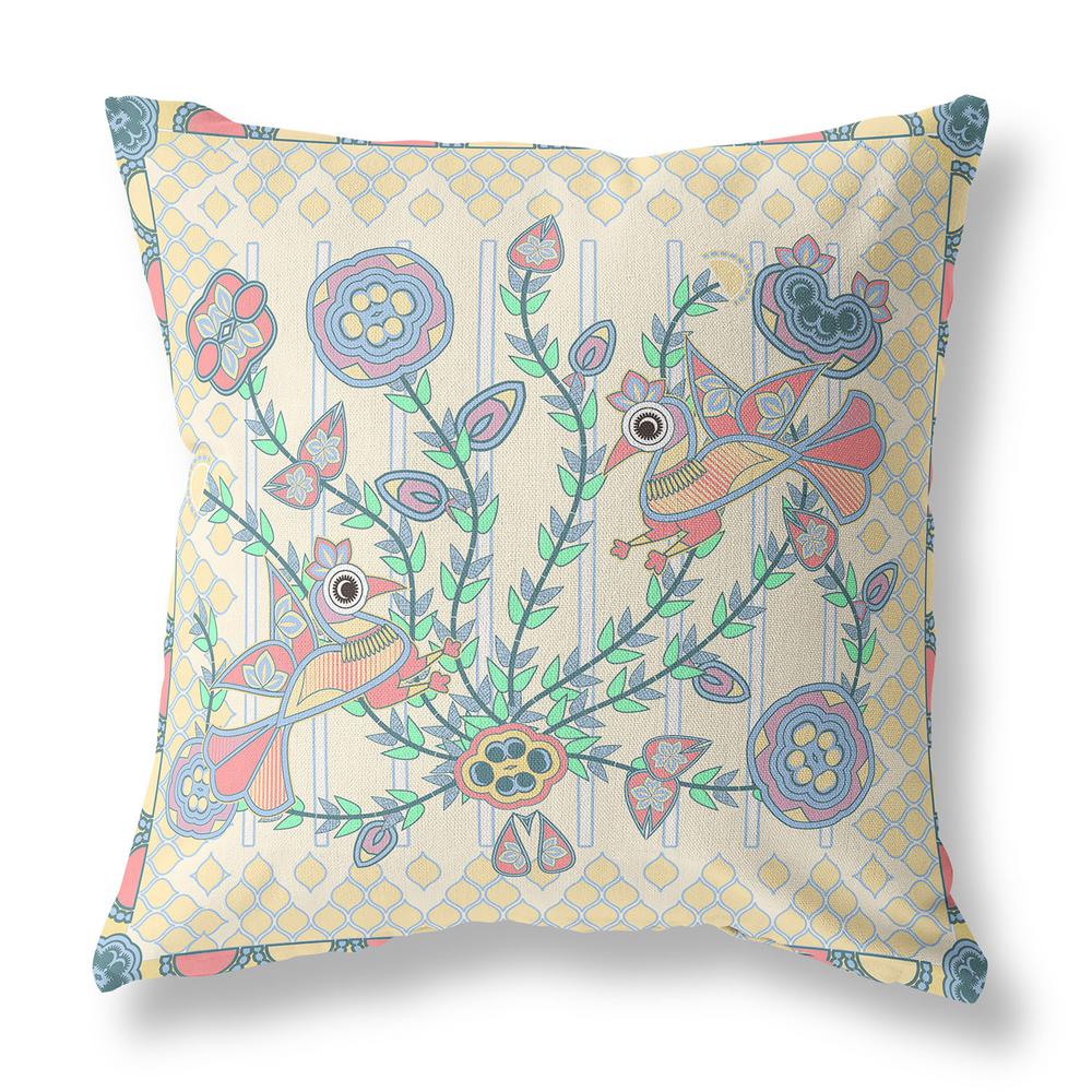 20" X 20" Blue and Yellow Peacock Blown Seam Floral Indoor Outdoor Throw Pillow. Picture 1